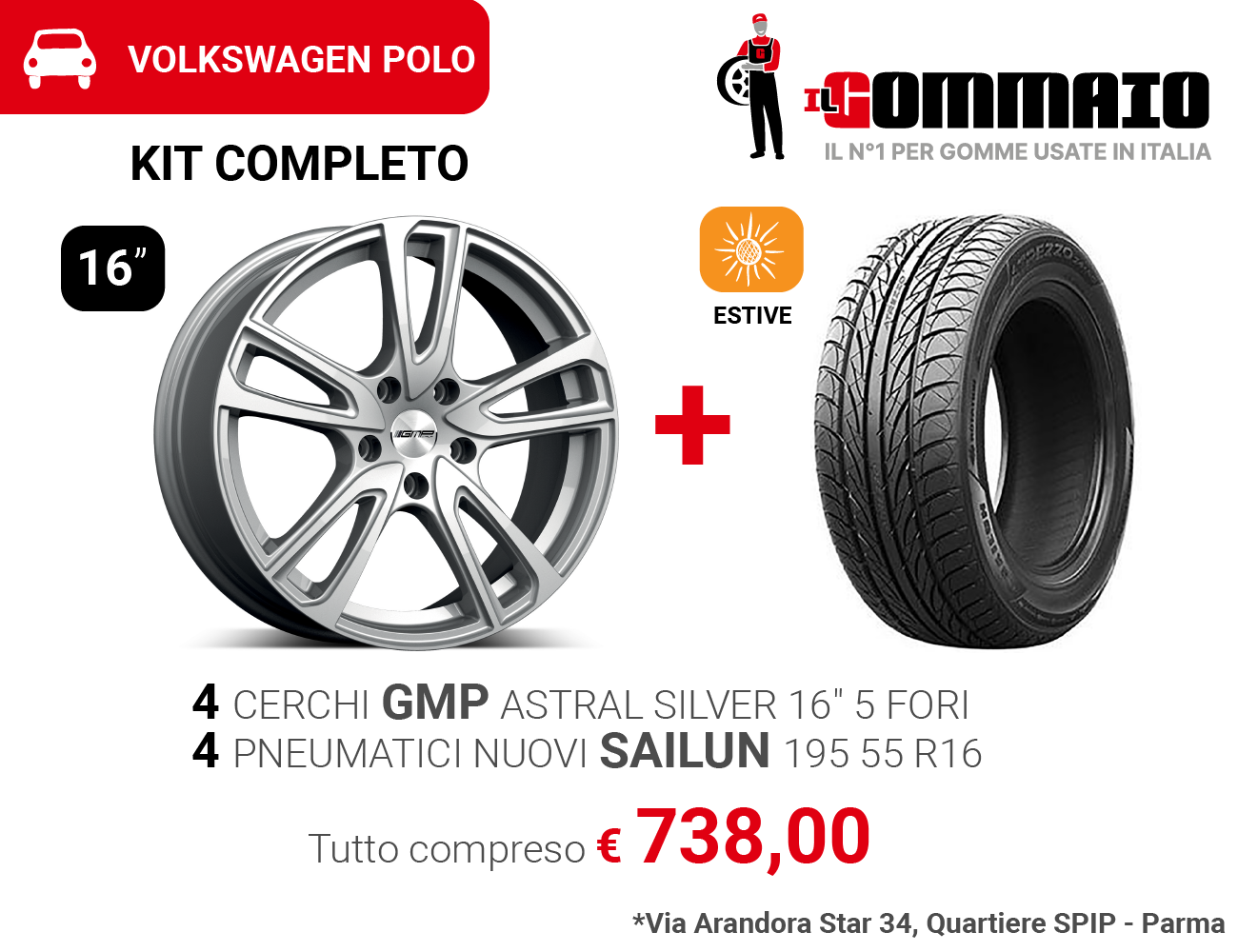 Cerchi in lega 16 GMP Gomme NUOVE, VM POLO