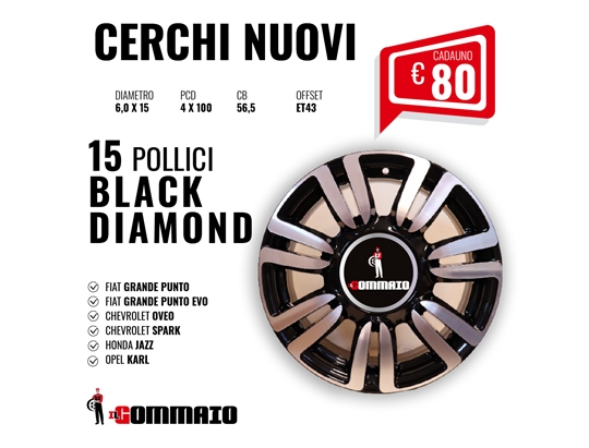 Cerchi in lega Nuovi 15 Pollici BLACK DIAMOND Fiat, Honda 